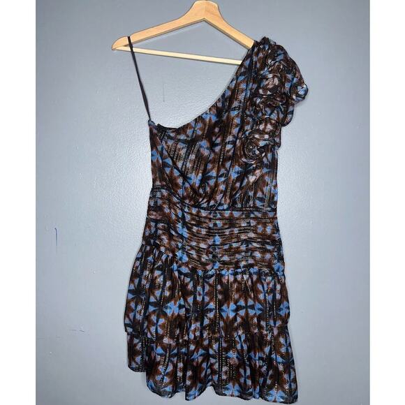 Ulla Johnson Kaia Ruffled One Shoulder Mini Dress NWT Blue/Brown Multi Size 2 - Picture 7 of 8